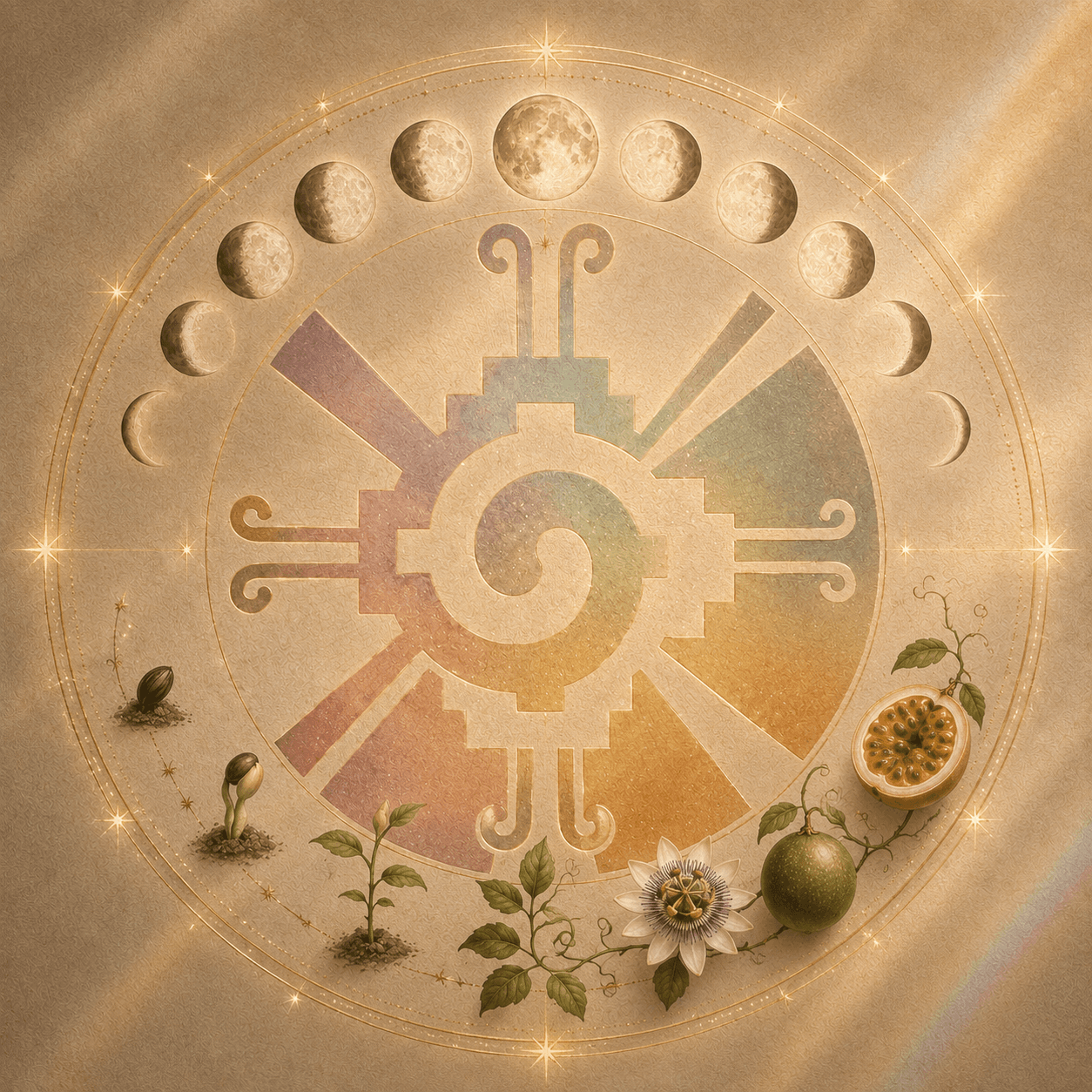 Composição circular e estética mística, com o símbolo Hunab Ku em tons suaves de arco-íris no centro, rodeado pelos ciclos da Lua na parte superior e pelo ciclo de crescimento de uma planta de maracujá na parte inferior, representado pela semente, broto, planta, flor e fruto maduro. Delicados traços dourados, estrelas e brilhos conectam os elementos, simbolizando a conexão entre os ciclos da natureza externa e interna.