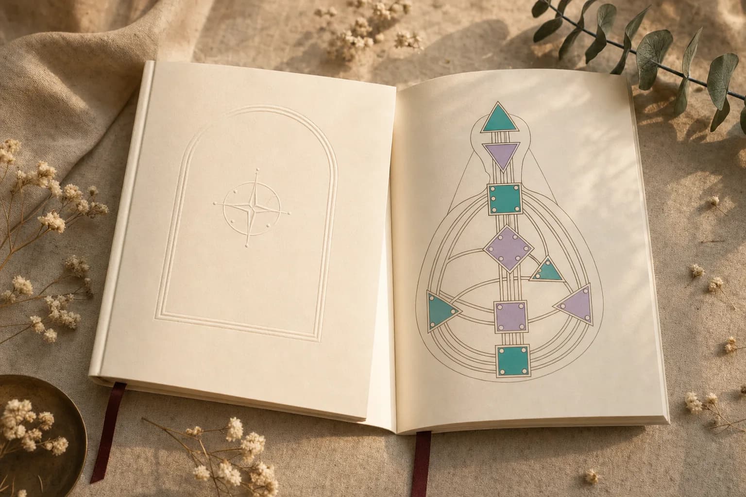 Mockup do guia Decisões Alinhadas aberto, com bodygraph e flores secas
